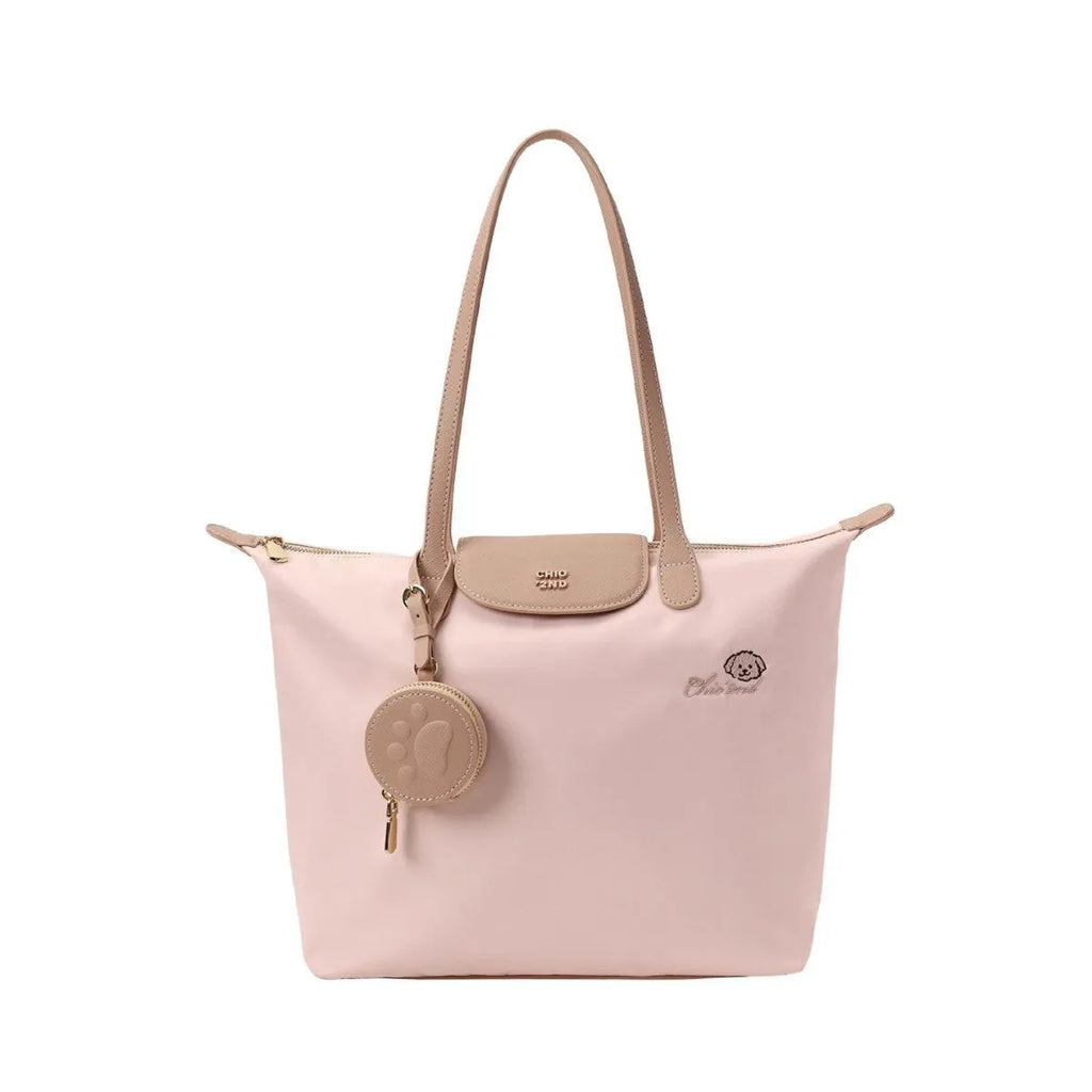 Large pink Oxford cloth tote shoulder bag with horizontal square shape and sewing thread detailing