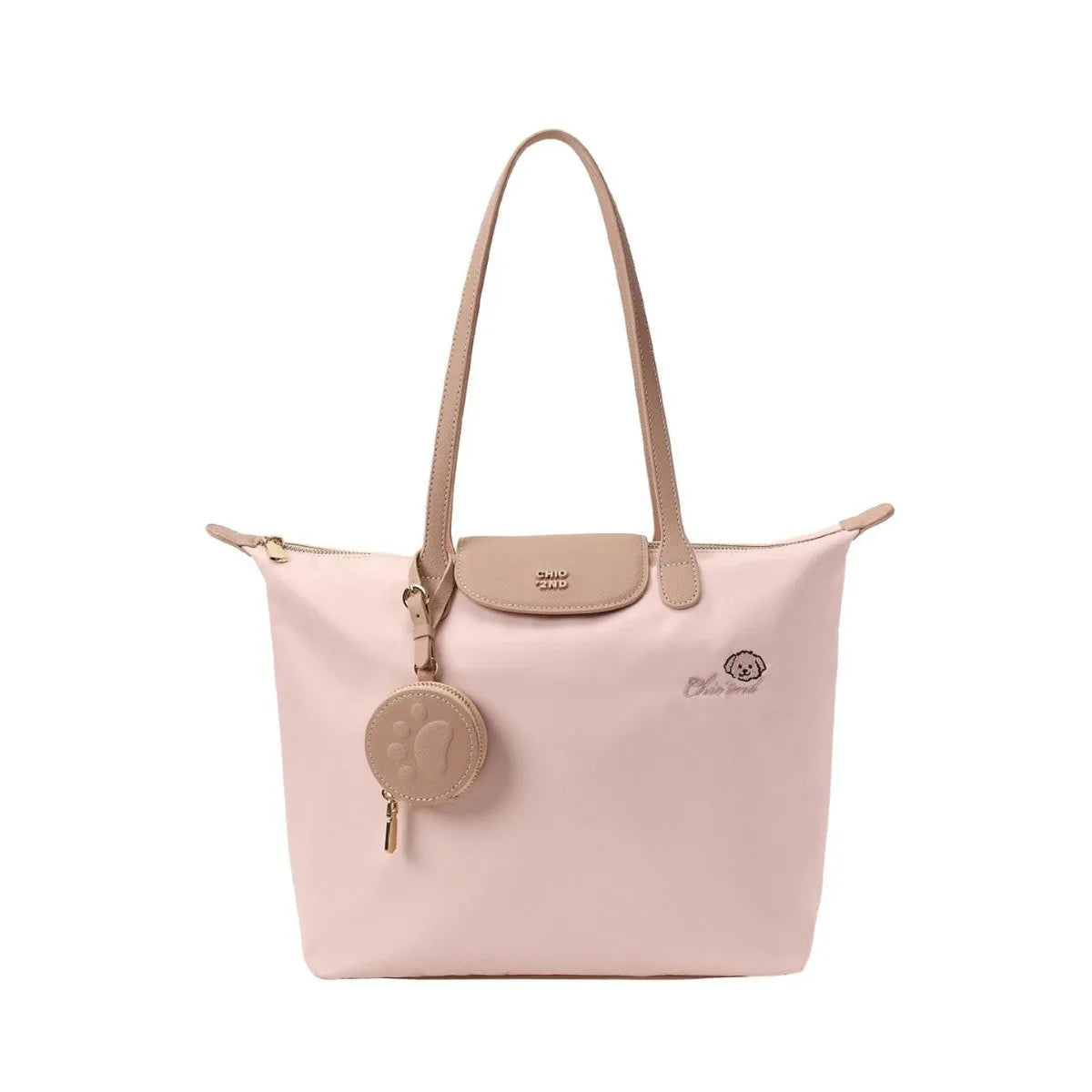 Large pink Oxford cloth tote shoulder bag with horizontal square shape and sewing thread detailing