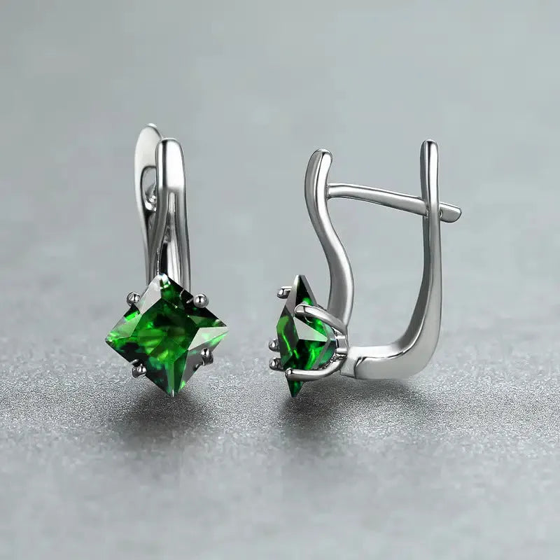 Women's copper earrings with diamond design and zircon stones in blue, colour, and green variations