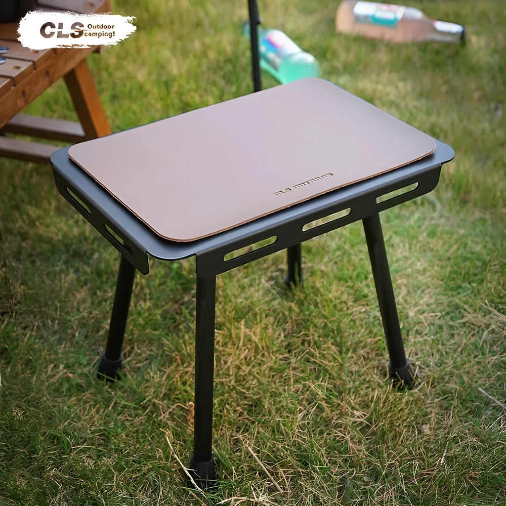 CLS aluminium dual-use folding camping stool shown converted into a small side table, with storage bag and beige PU mat.