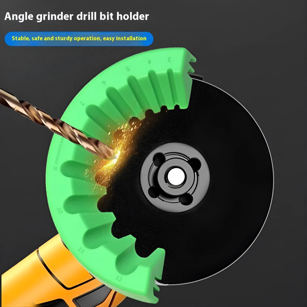 Angle grinder grinding bit bracket holder in yellow, green, and black colours with adjustable clamp.