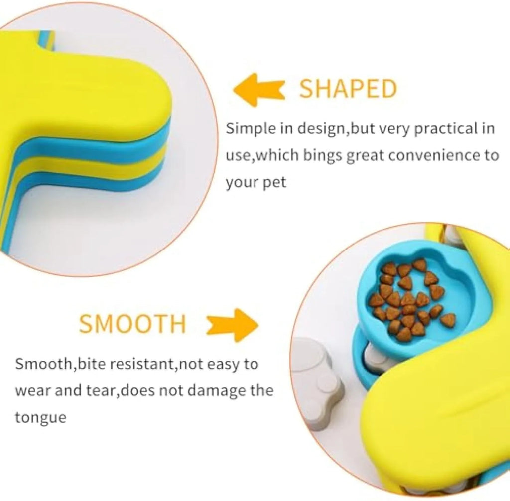 Yellow interactive dog puzzle feeder bowl with rotating lids and anti-slip base.