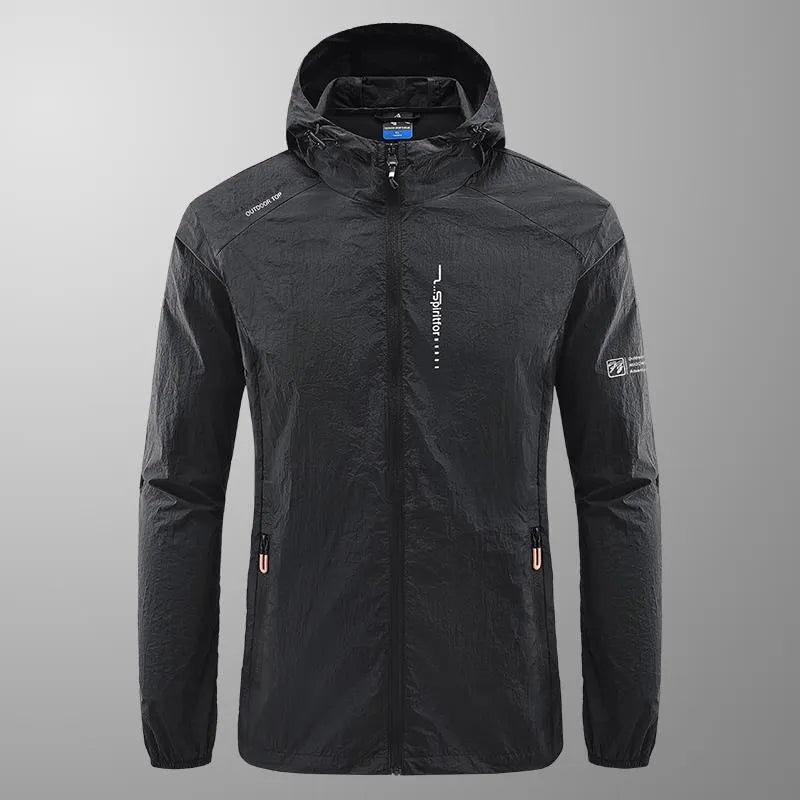 Men's lightweight grey summer hooded jacket on a hanger