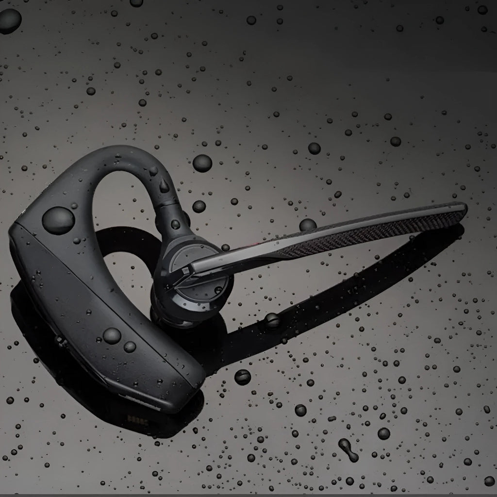 Black Bluetooth sports headphones with battery display showing stereo sound and call function