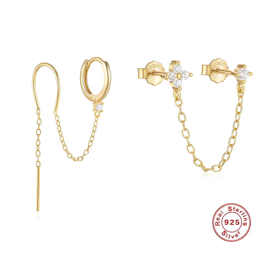 S925 sterling silver geometric flower tassel chain earring ear clip studs in golden colour