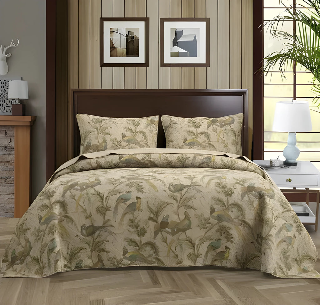 Blue cotton bedspread set with botanical flower and bird pattern, American style design
