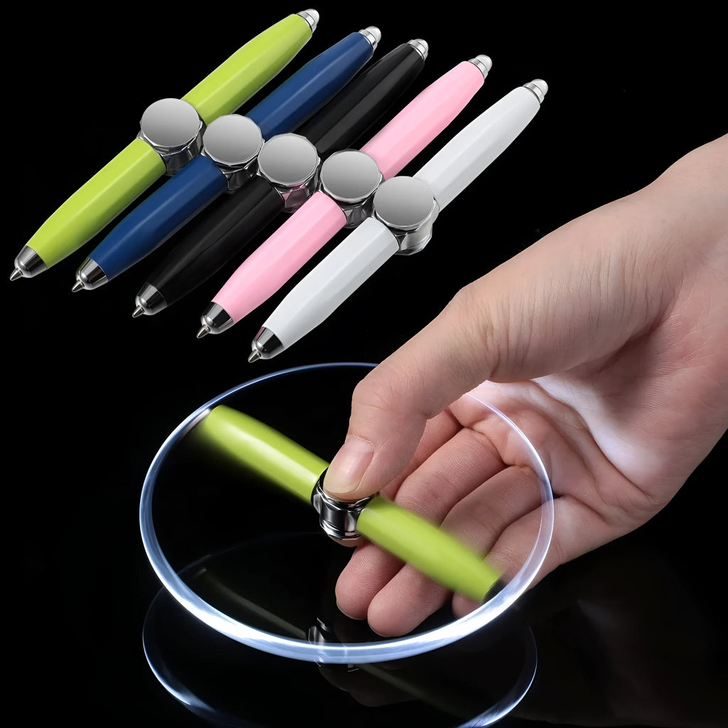 Metal LED ballpoint pen with spinning gyro mechanism showing multiple ink colour options