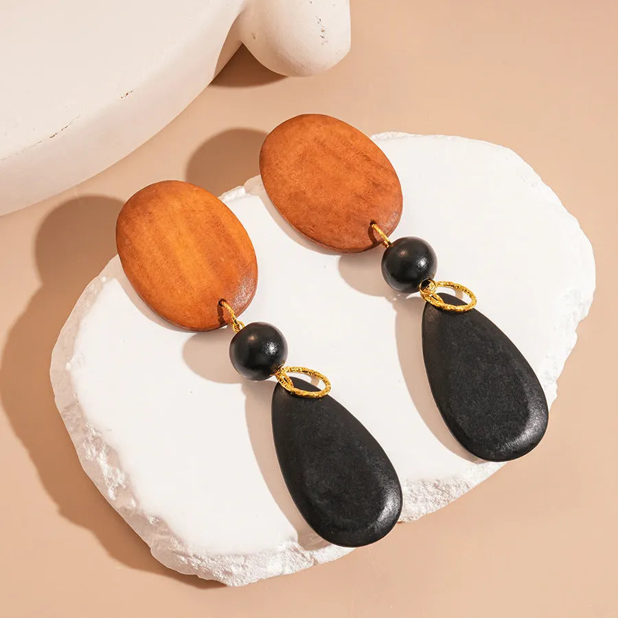 Wooden retro elliptical earrings with silver needle-brown-black colour manual processing