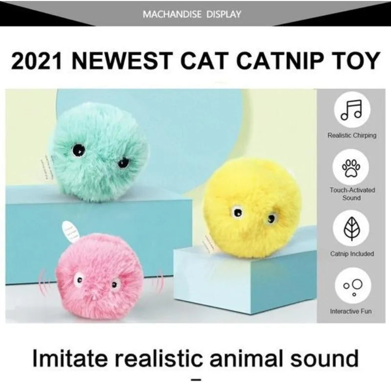 Interactive cat toy ball with touch-activated animal sounds and removable catnip lid