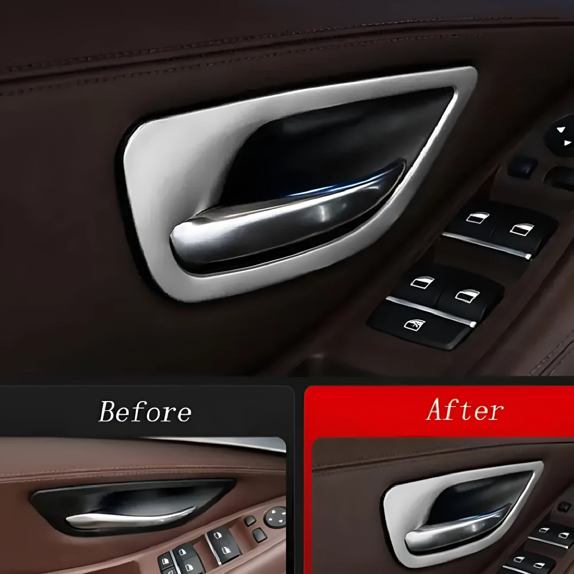 Set of four metallic silver trim strips for BMW 5 Series interior door handles.