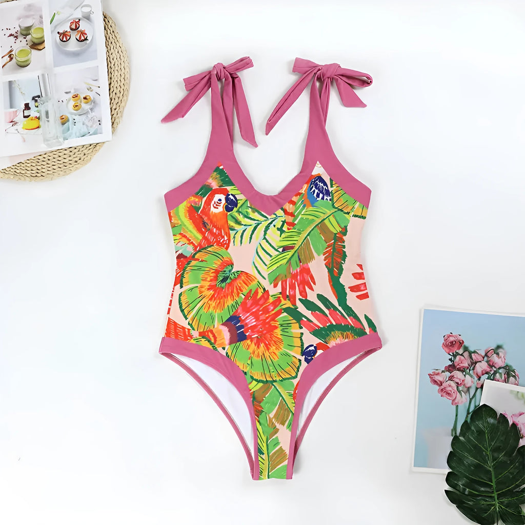 Retro floral print one-piece swimsuit with V-neck, covered belly design and thin skirt in pink colour