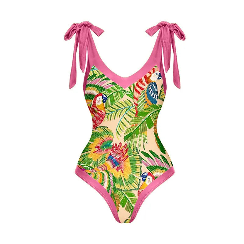 Retro floral print one-piece swimsuit with V-neck, covered belly design and thin skirt in pink colour