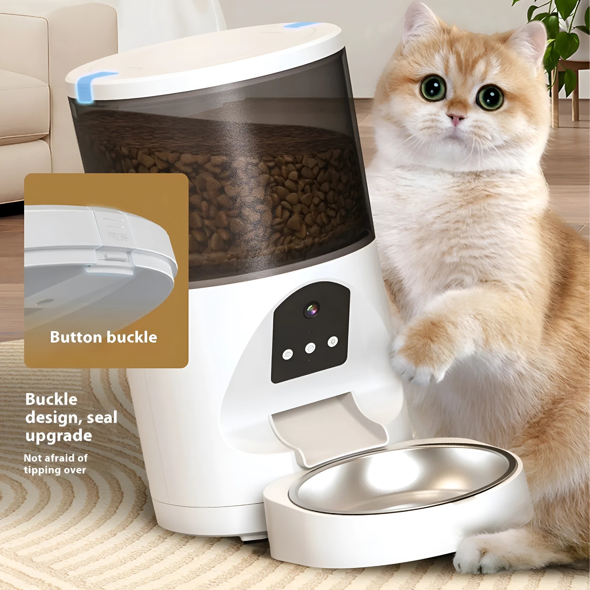 White smart visual pet feeder with 2K HD wide-angle camera and food tray for dogs and cats