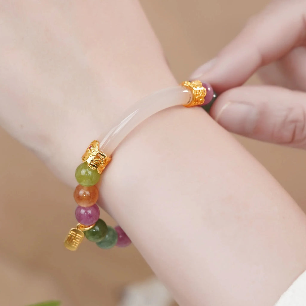 Rainbow coloured tourmaline half bracelet for women with jade pith and electroplated finish