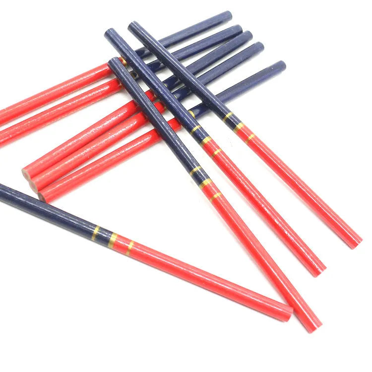 Red and blue two-colour carpenter's pencil in round wooden design - 10 piece pack
