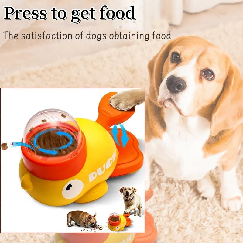 Yellow plastic dog puzzle feeder with cartoon duck design, battery-free interactive treat dispenser