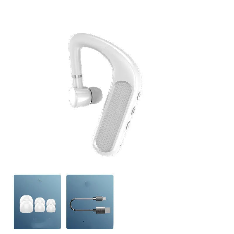 Black Bluetooth earphones with hanging ear design shown with three pairs of ear caps and charging cable