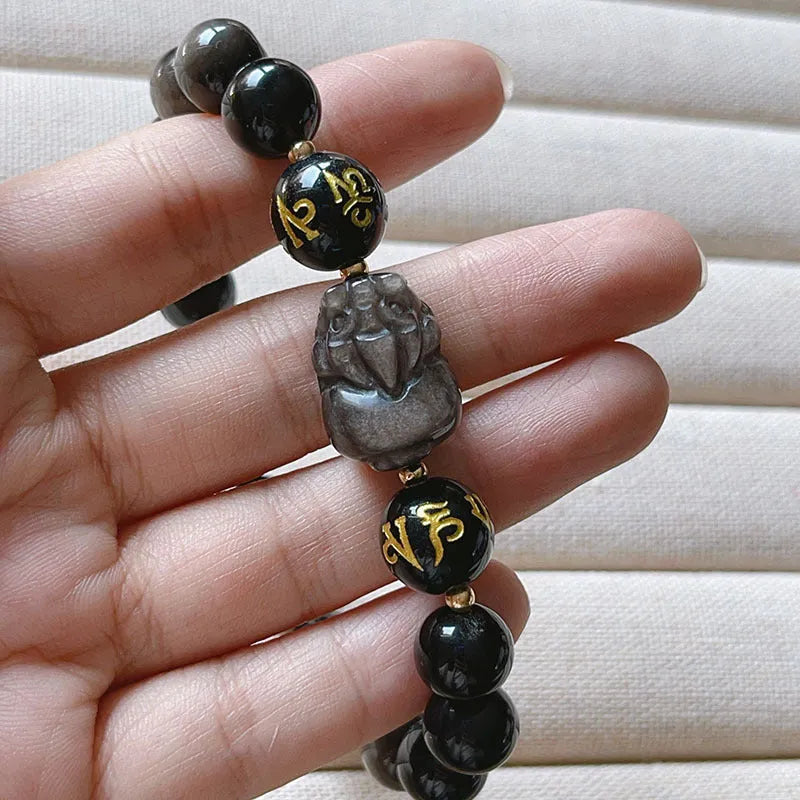 Men's silver bracelet with engraved zodiac symbols and Chinese proverbs on silver stone beads