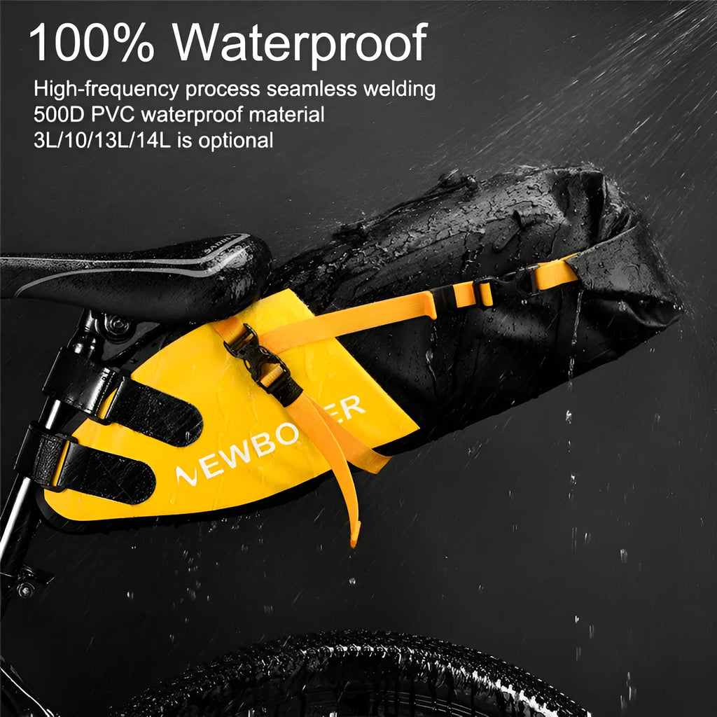 Waterproof PVC bicycle tail bag with 13 litre capacity in black, green or yellow colour
