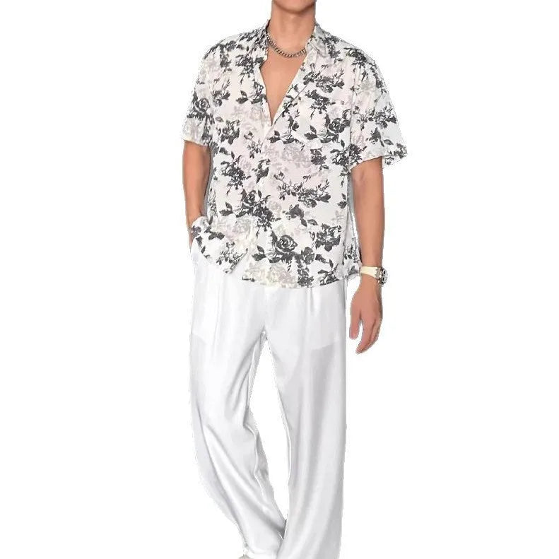 Women's loose casual short sleeve printed shirt with floral pattern in black or white colours