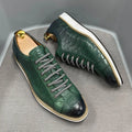 Men's low-top handmade shoes with an embossed pattern and front lace closure, shown in a choice of colours.