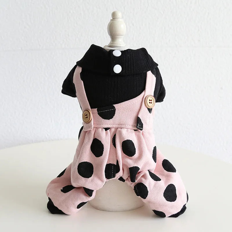 Dog wearing lapel shoulder strap couple outfit with owner, available in four-legged and skirt styles