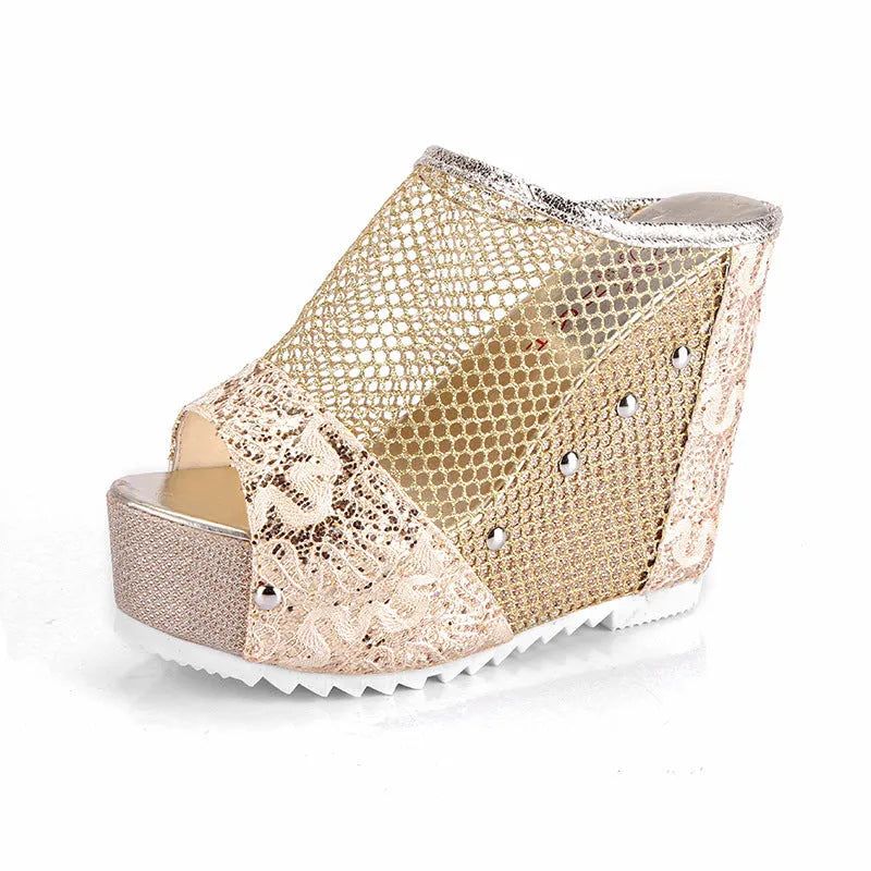 Korean platform sandals with chunky hollowed-out heel, mesh upper, and lace-up design in gold colour.