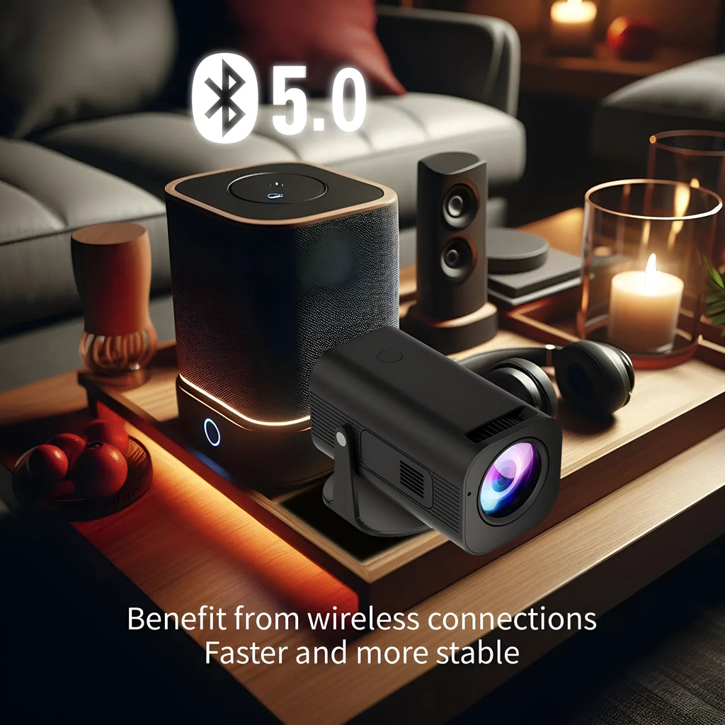 Black P330 portable mini projector with remote control on table displaying movie projection