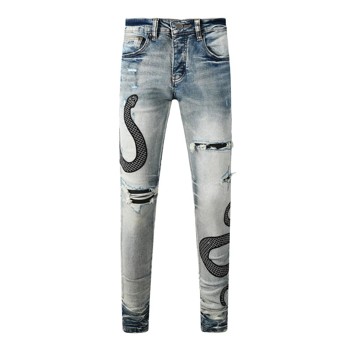 8934Blue distressed skinny jeans with a retro wash and button fly on a mid waist