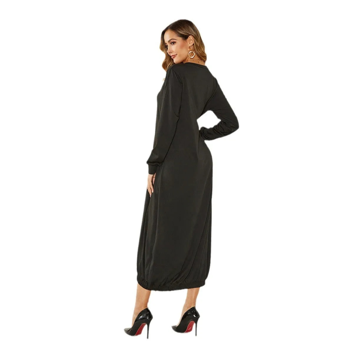 Women's black loose lantern dress with lace-up crew neck detail.