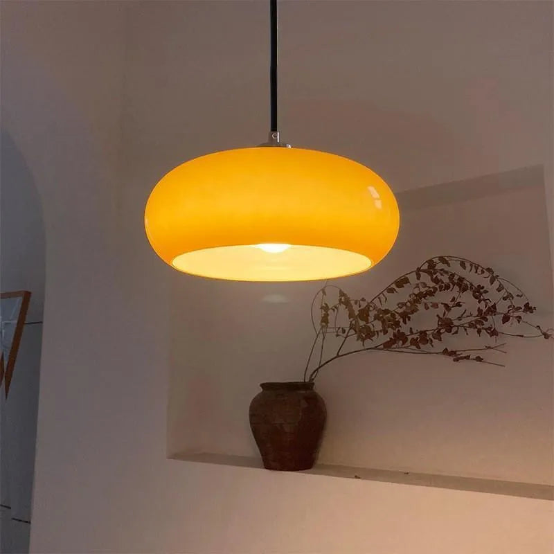 Bauhaus style three-headed pendant light with milk white egg tart glass shades