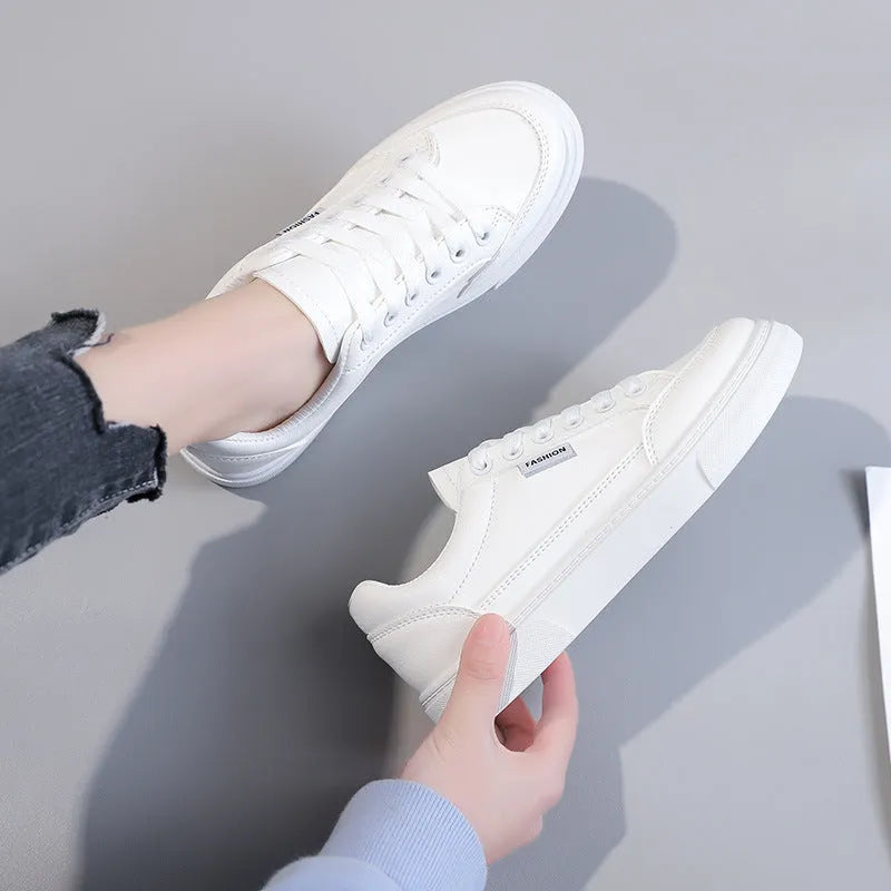 Women's white and brown Korean-style low-top casual sneakers with artificial PU upper.