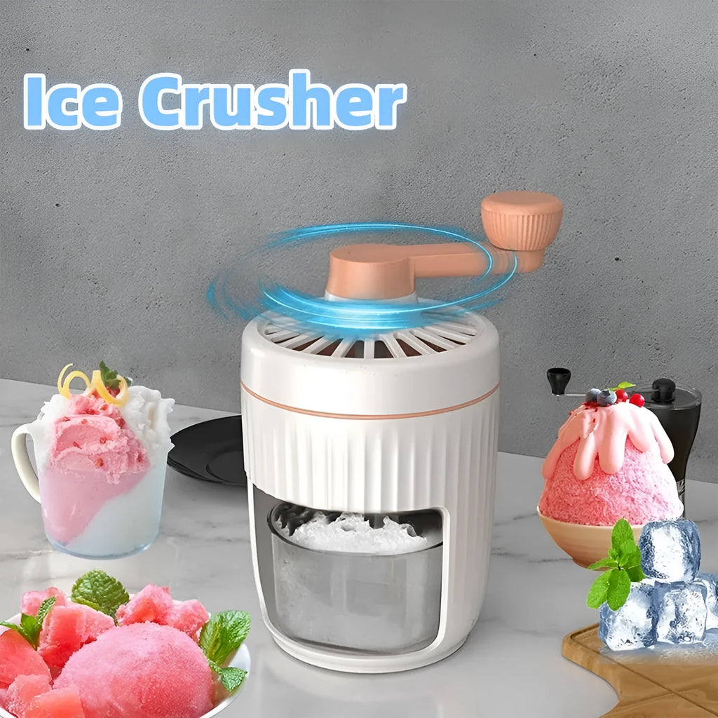 Hand-cranked ice shaving machine in green with removable ice box and ergonomic handle