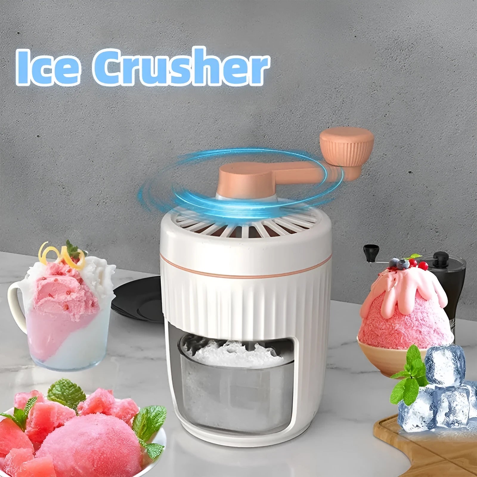 Hand-cranked ice shaving machine in green with removable ice box and ergonomic handle