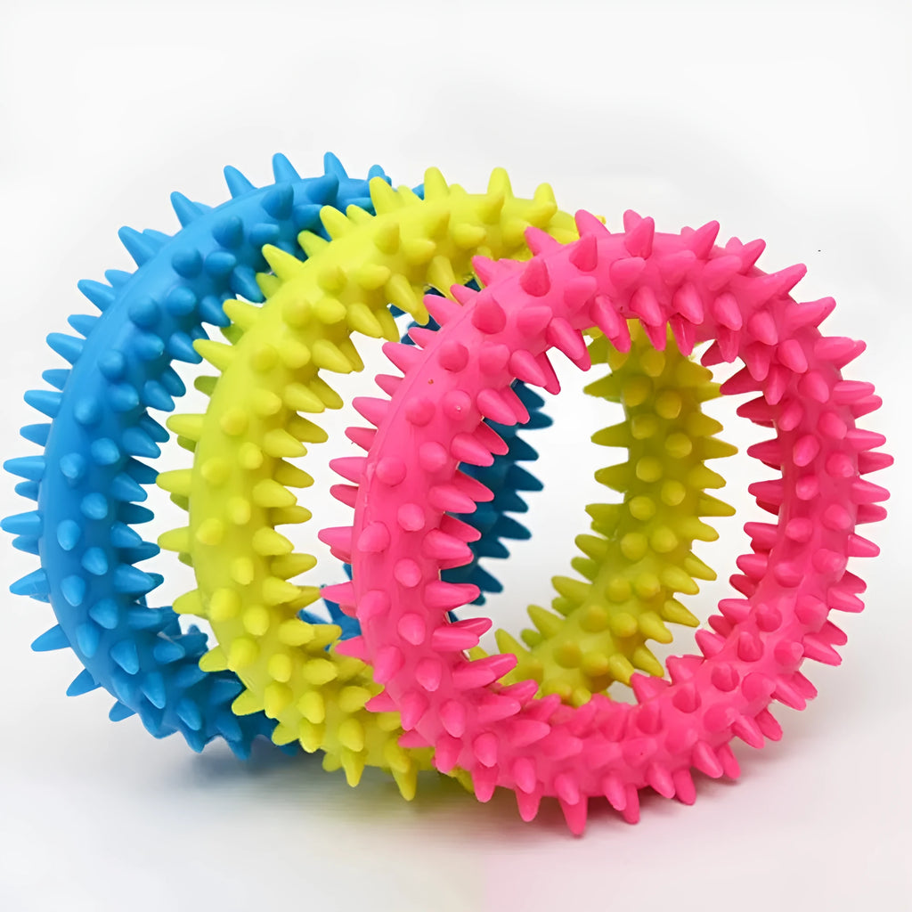 Blue spiky circle ring dog chew toy made of TPR on a white background.