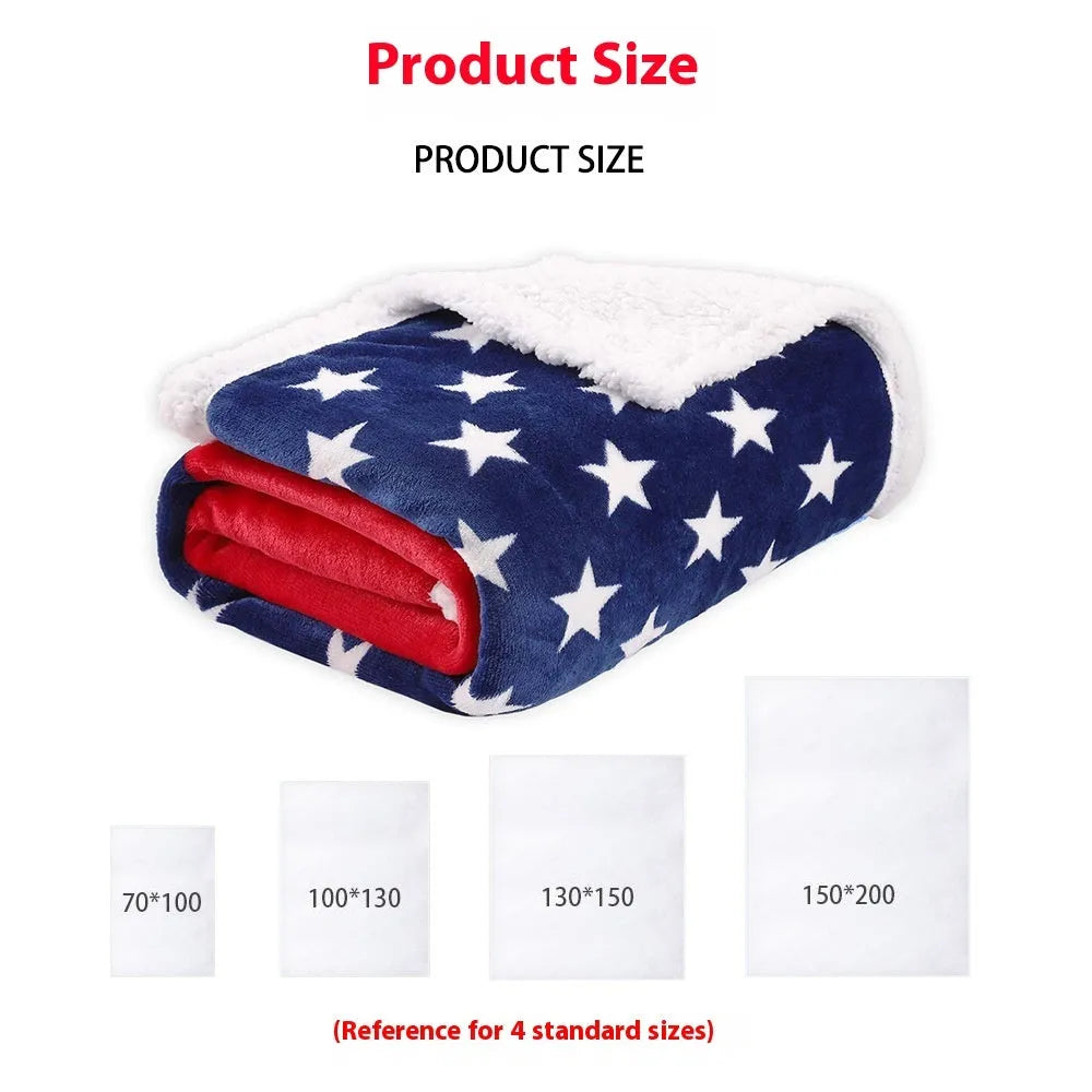 Striped polyester blanket in American style design showing three available size options