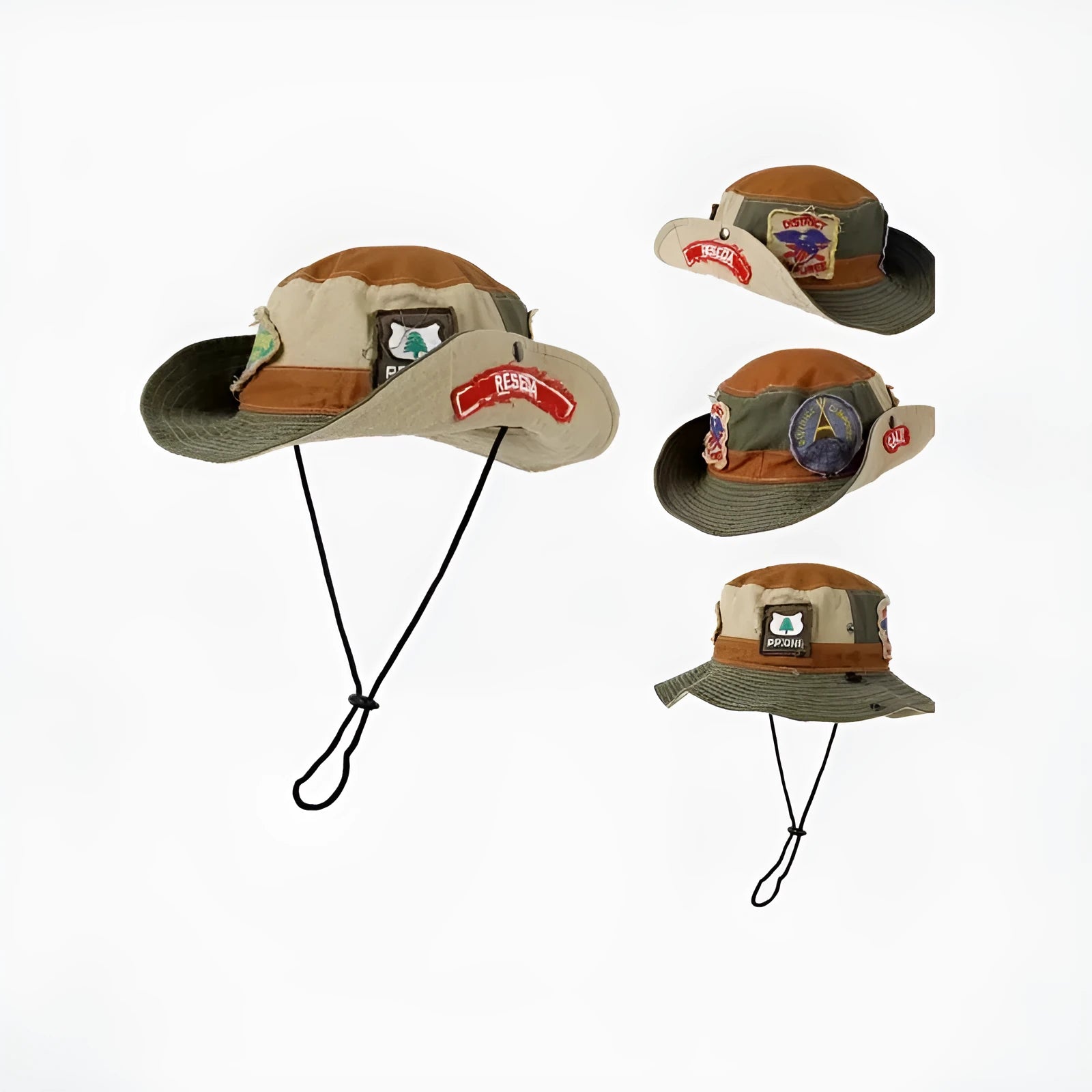 Women's army green cotton fisherman hat with flat crown and patchwork details
