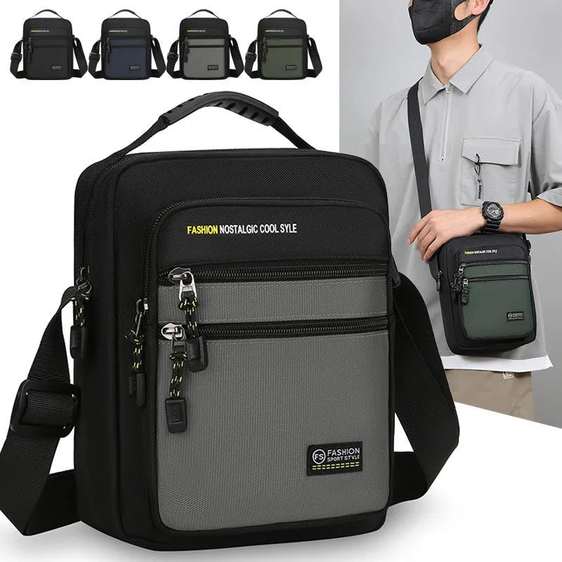 Men's nylon crossbody bag in solid colour with visible stitching, shown in green.