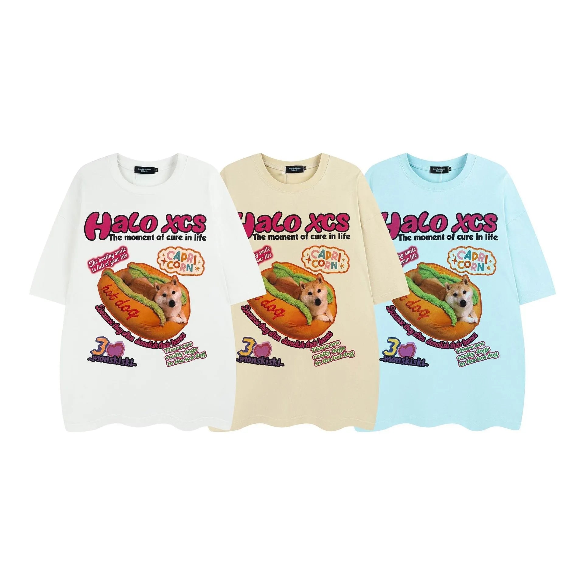 Cotton cartoon hamburger dog printed T-shirt in loose fit with round neck collar
