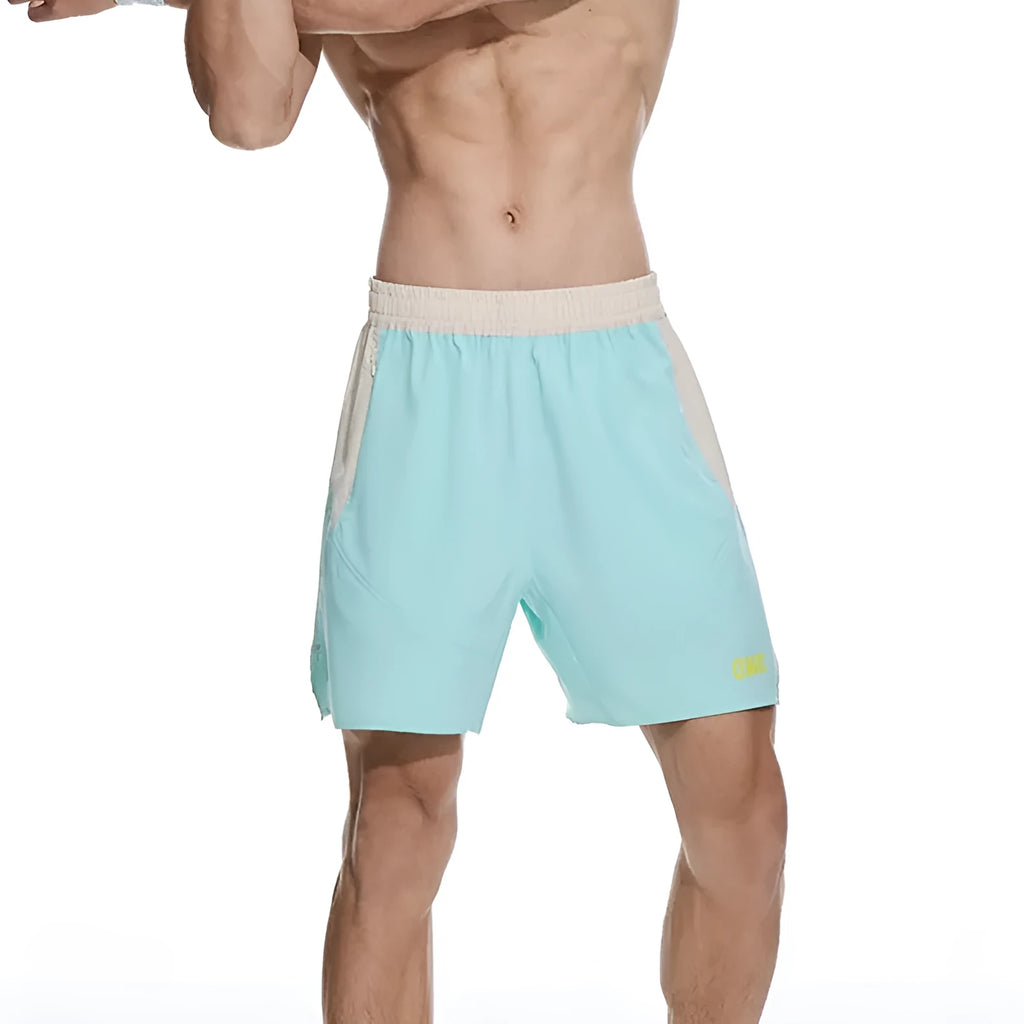 Men's loose fit workout shorts in polyester-spandex blend with elastic lace-up waist