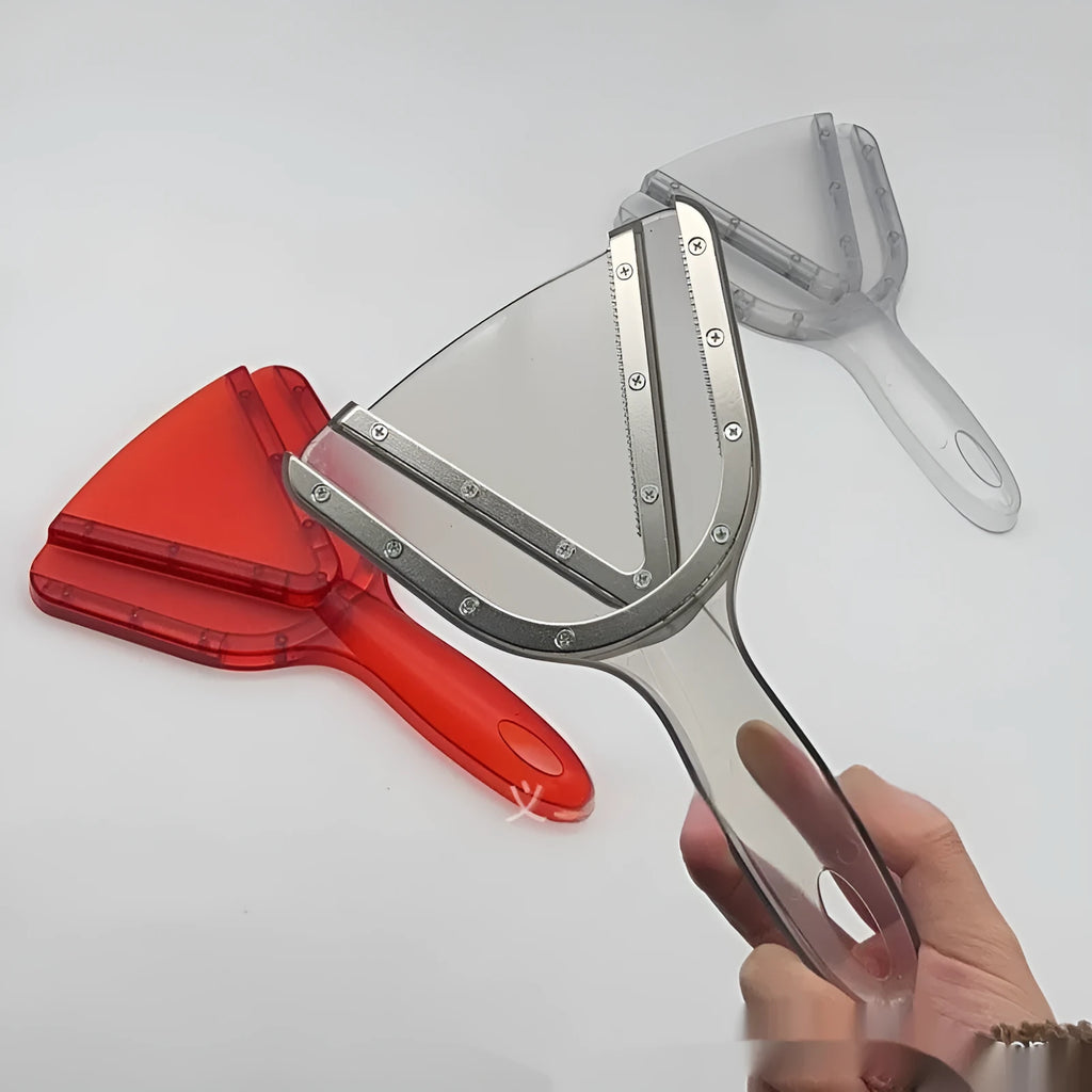 Red plastic can opener with an adjustable telescopic bottle opener extended, showing non-slip handle texture.