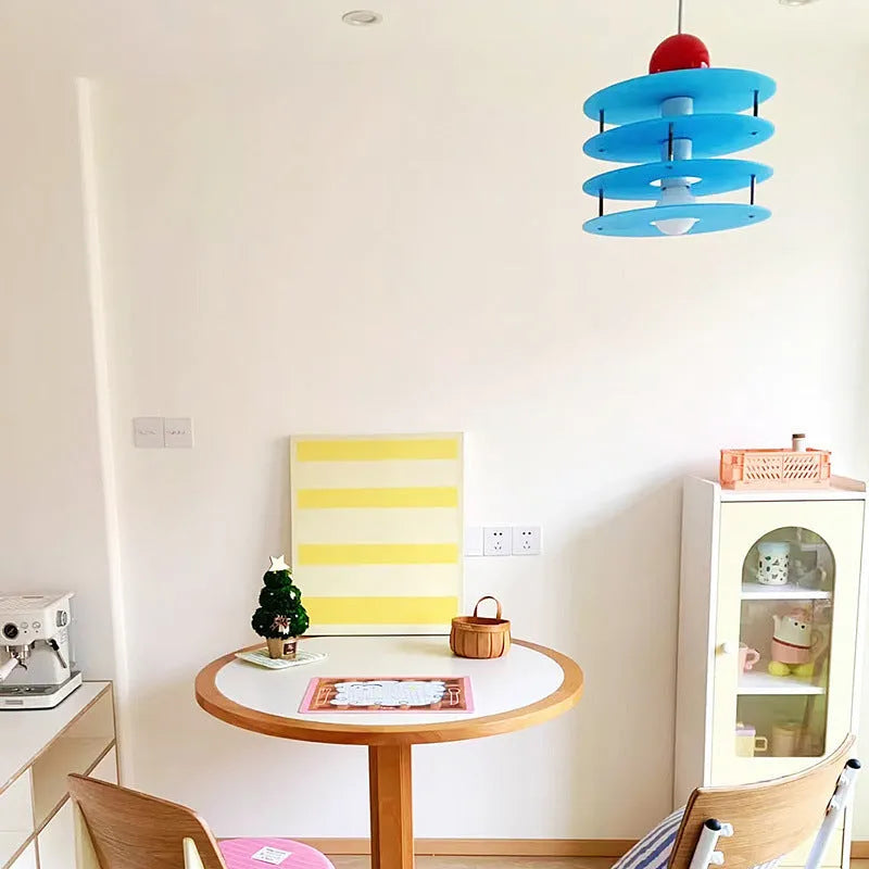 Modern Macaron PH5 adjustable chandelier with frosted glass shade in choice of white, blue, or orange.
