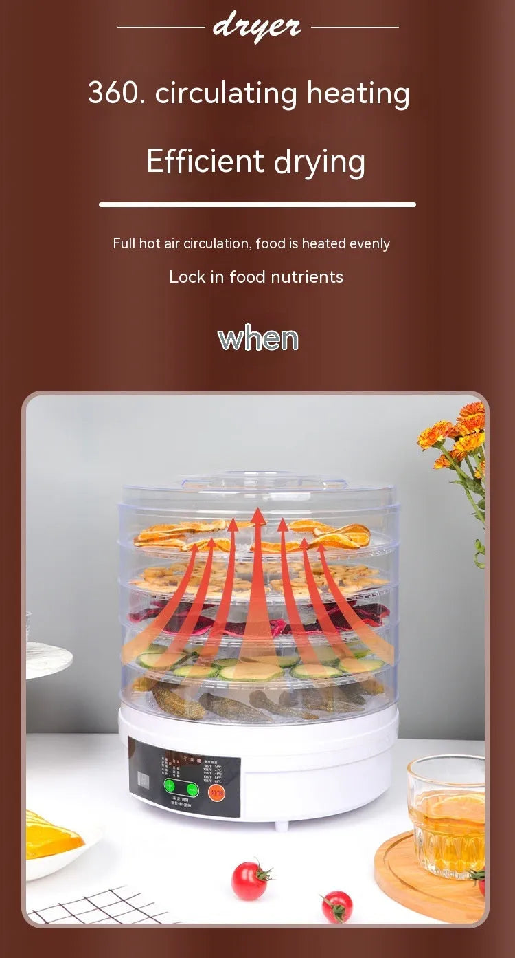 Five-layer household food dehydrator with seven mesh drying trays and multiple plug options