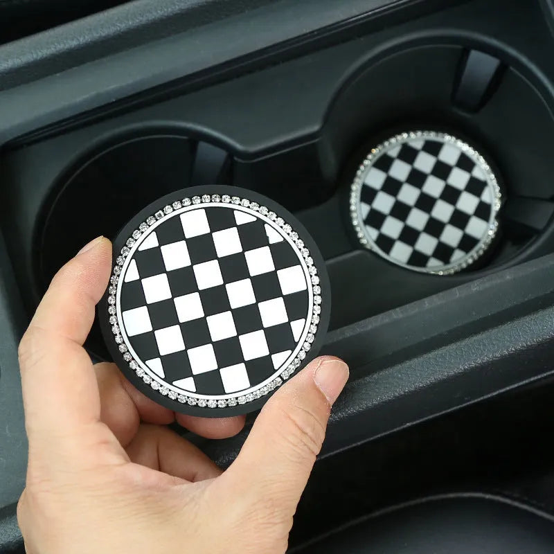 PVC car cup holder mat in black and white checkerboard pattern for vehicle drink holder slots