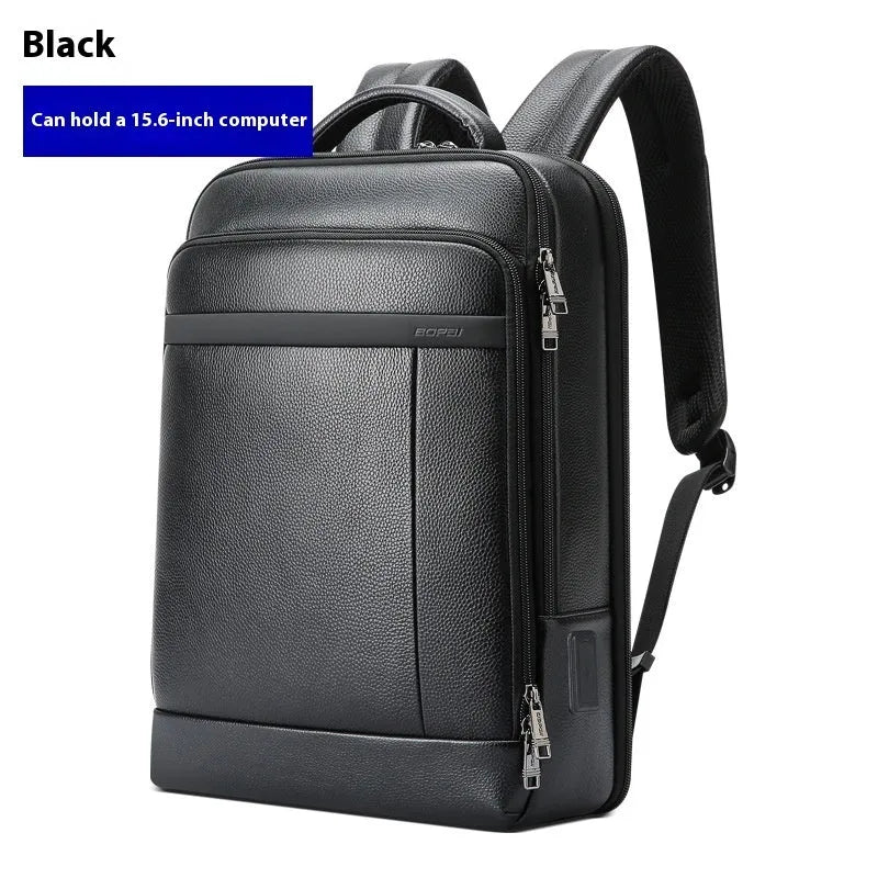 Solid black genuine cowhide leather business backpack with USB port and curved straps
