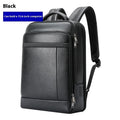 Solid black genuine cowhide leather business backpack with USB port and curved straps