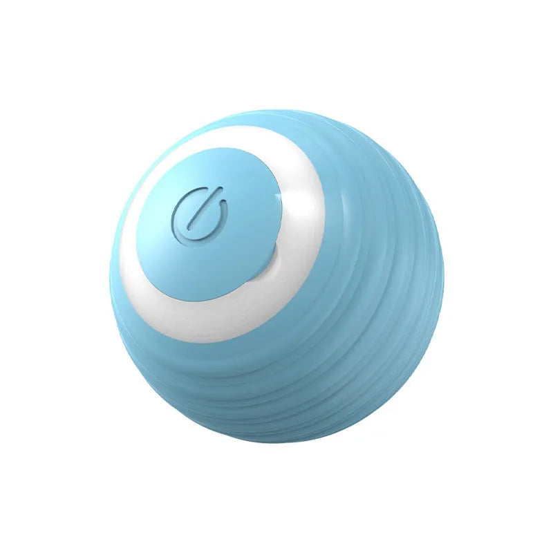 Blue automatic moving ball cat toy with charging cable on flat surface