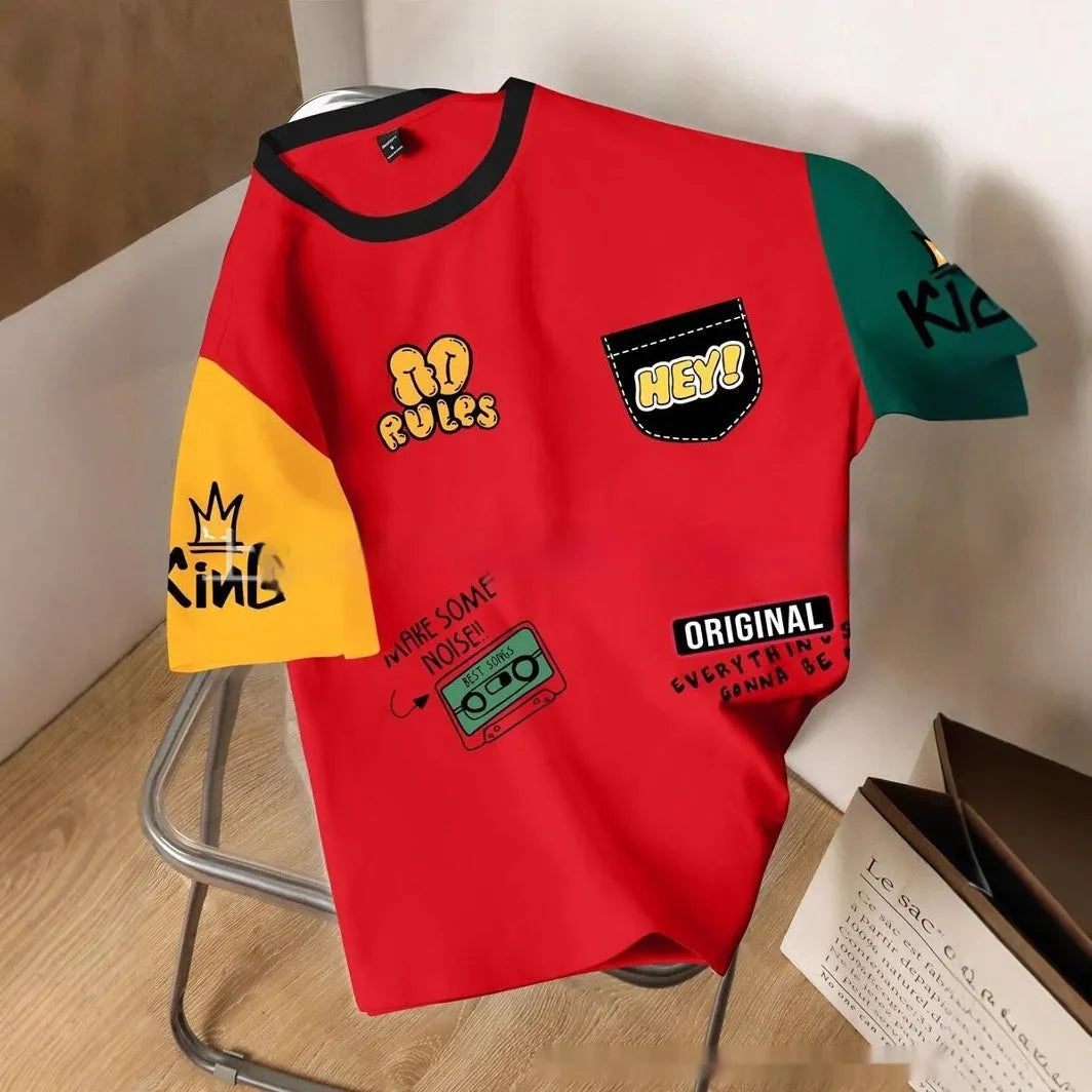 Men's loose-fit printed short-sleeve t-shirt on a model, showing letter pattern detail and casual styling.