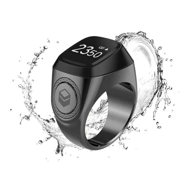 Zikr1 Tasbih smart counter ring in metal with OLED display, shown in available colours.