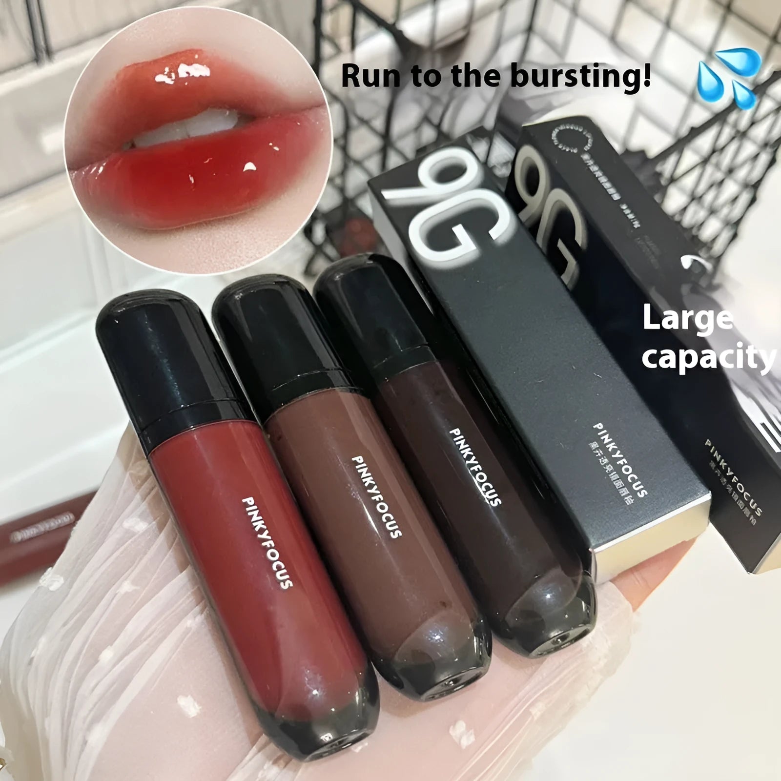 Black Shiny Mirror Lip Lacquer tube showing six deep colour shades: Black Tomato, Orange Brown, Bean Paste, Rose, And Red, and Sweet Potato.